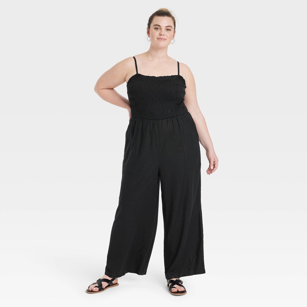 Smocked Linen Maxi Jumpsuit - Black XXL